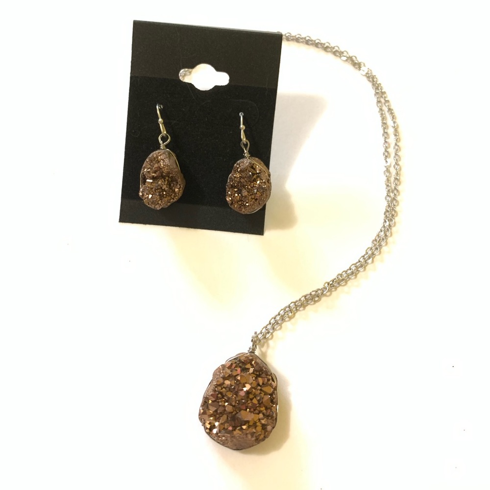 Copper druzy drusy crystal geode necklace set